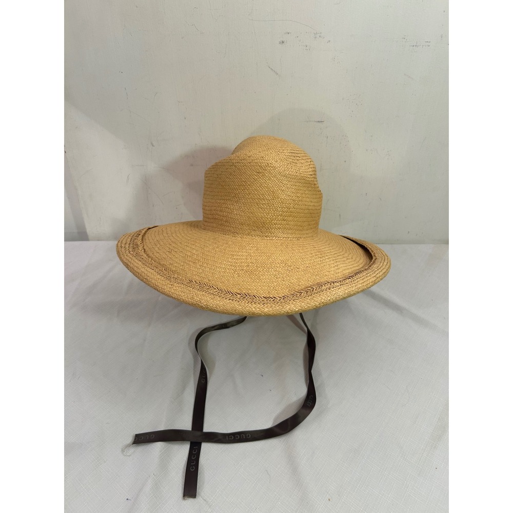 Fiesta Straw Sun Hat M Tan Wide Brim Gucci Ribbon Womens